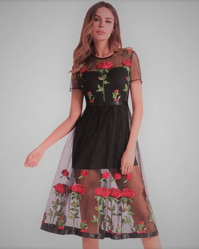Rose Embroidered Black Dress