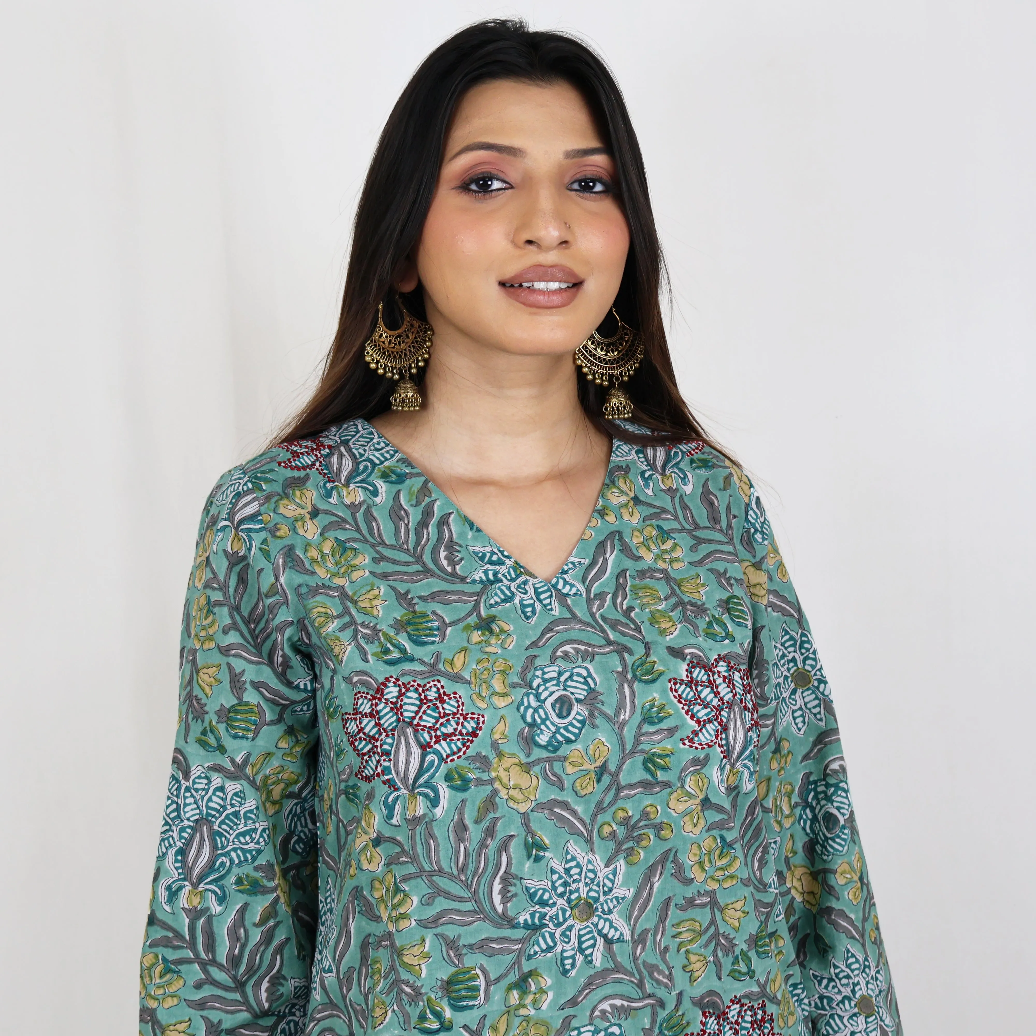 SATYA Pure Cotton, Jaipuri Block Print, Hand Embroidery Kurta with Chitra Pants