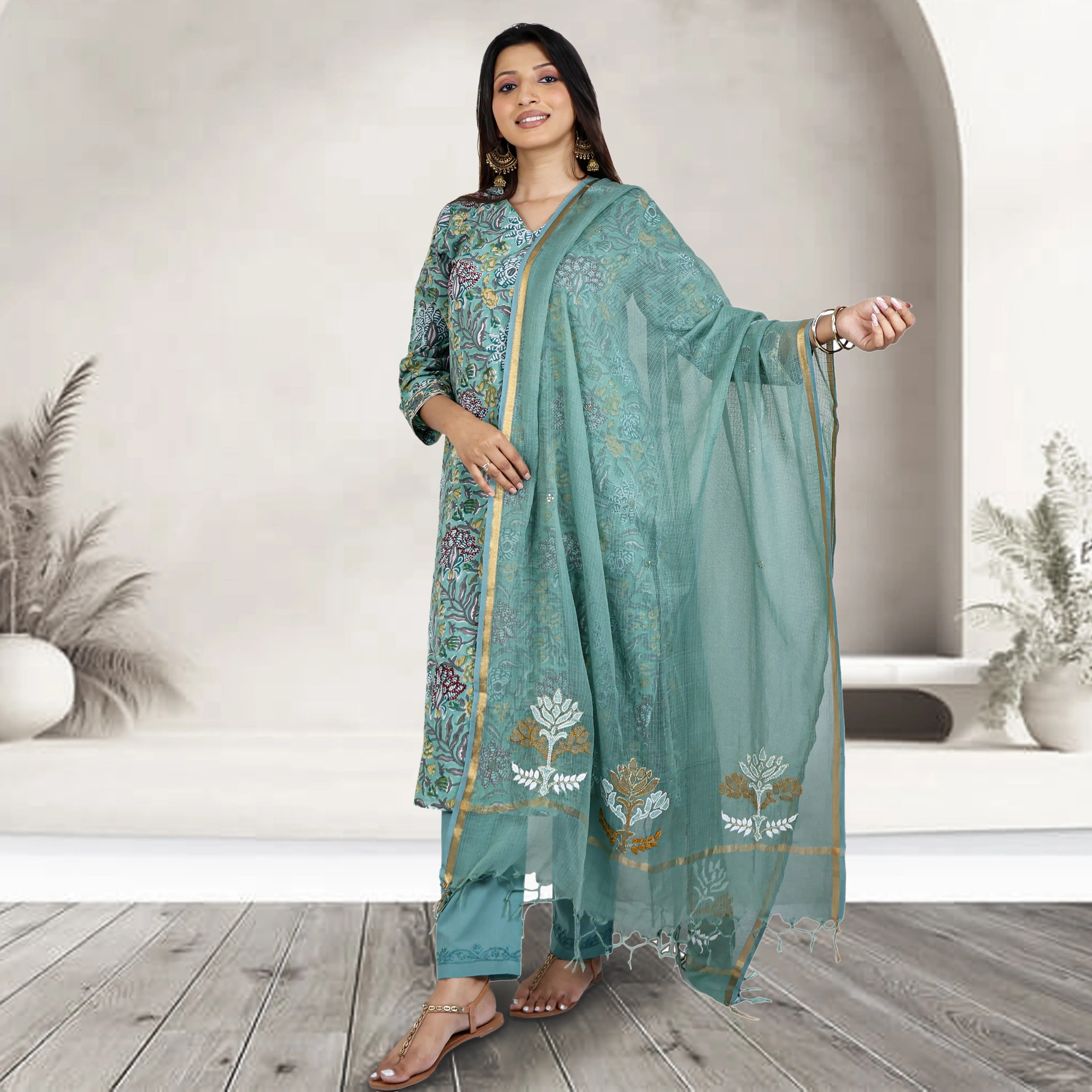 SATYA Pure Cotton, Jaipuri Block Print, Hand Embroidery Kurta with Chitra Pants
