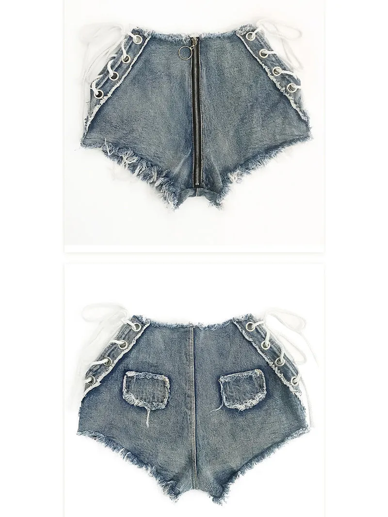 Sexy High Waist Zipper Cross Strap Denim Shorts