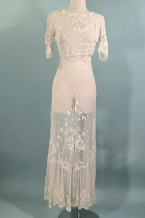 SOLD Antique White Net/Embroidered Lace Edwardian/Victorian Dress XS