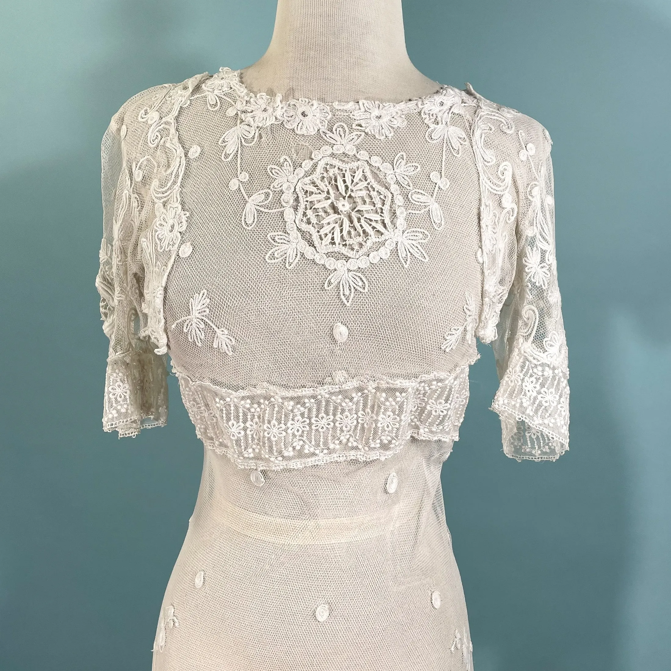 SOLD Antique White Net/Embroidered Lace Edwardian/Victorian Dress XS
