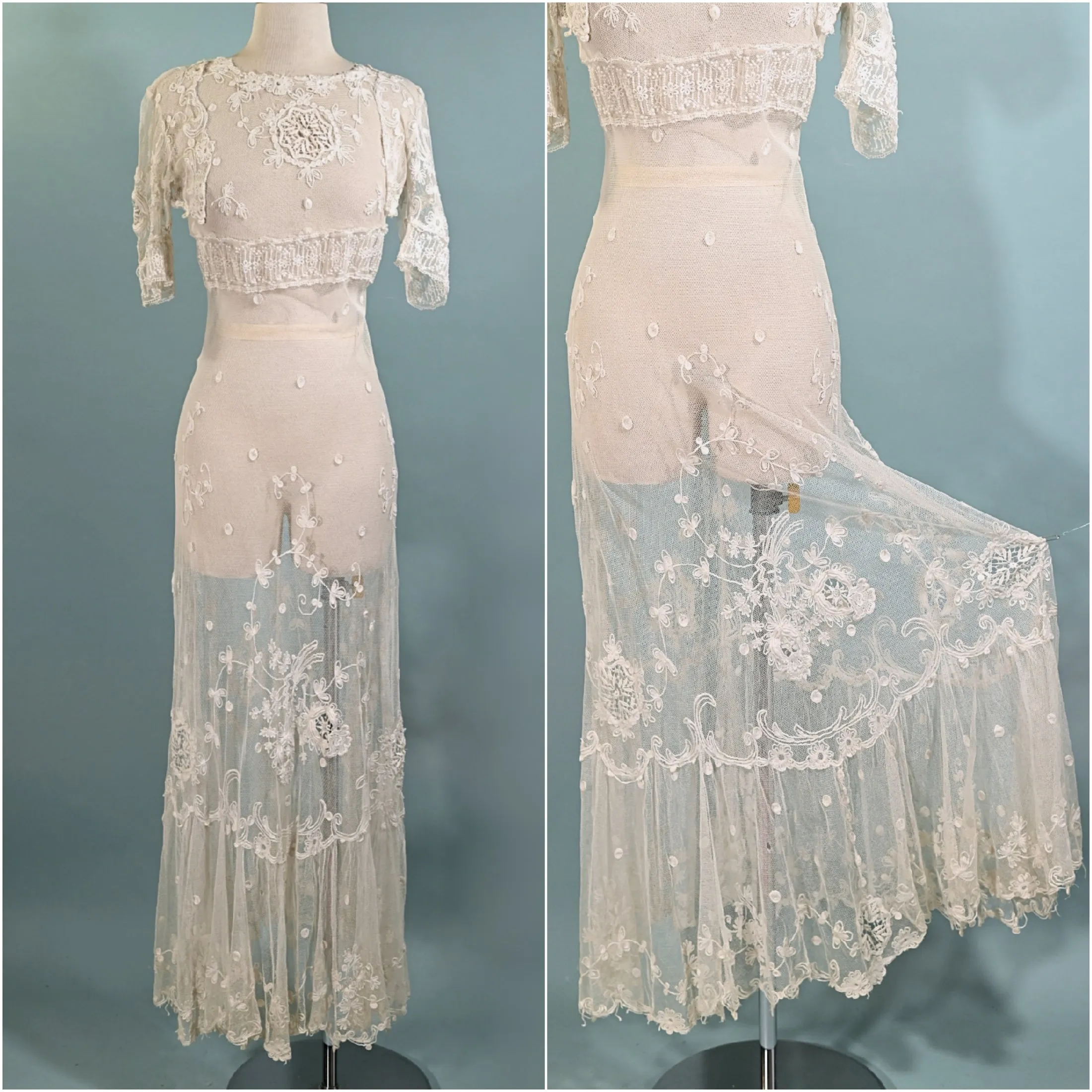 SOLD Antique White Net/Embroidered Lace Edwardian/Victorian Dress XS