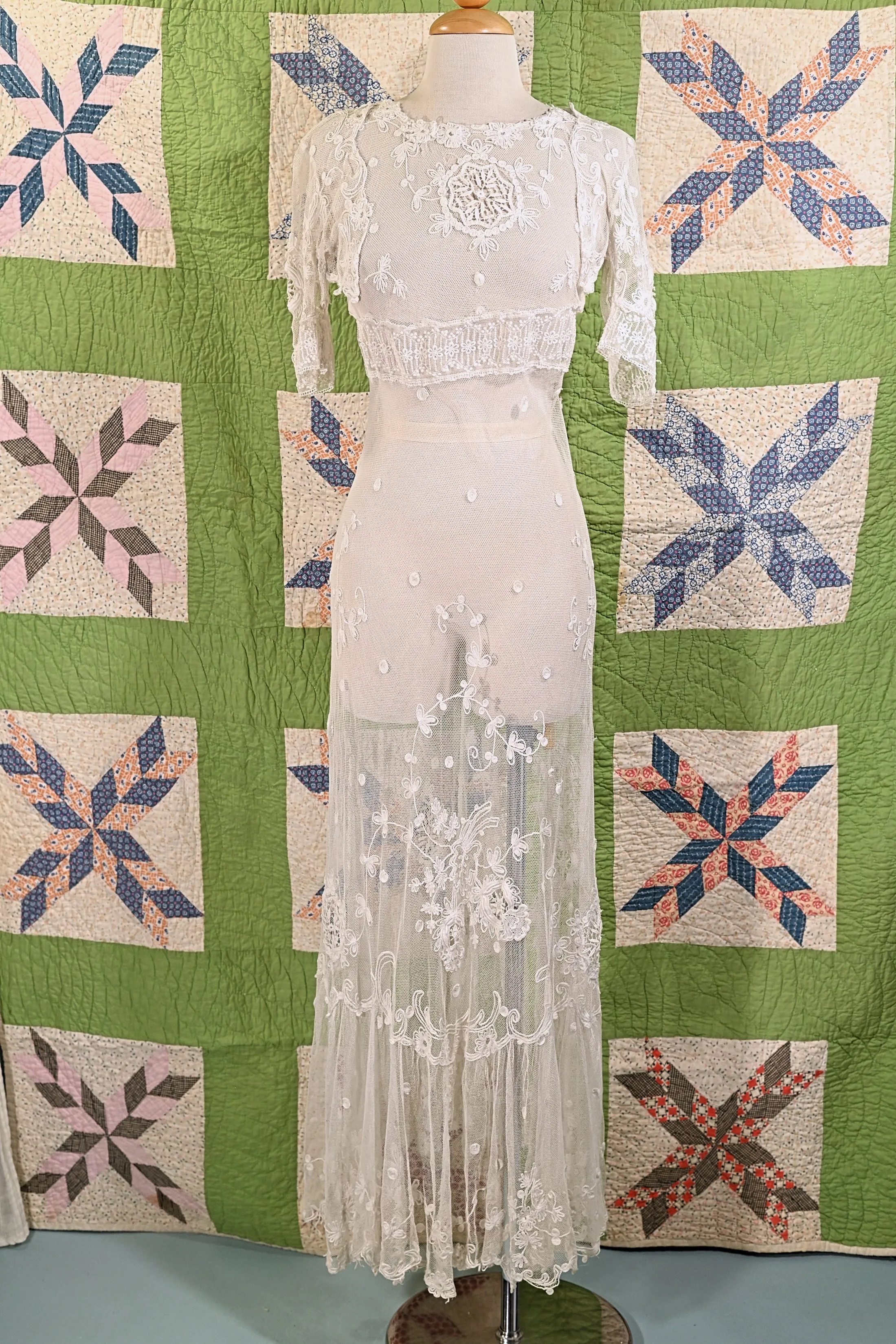 SOLD Antique White Net/Embroidered Lace Edwardian/Victorian Dress XS
