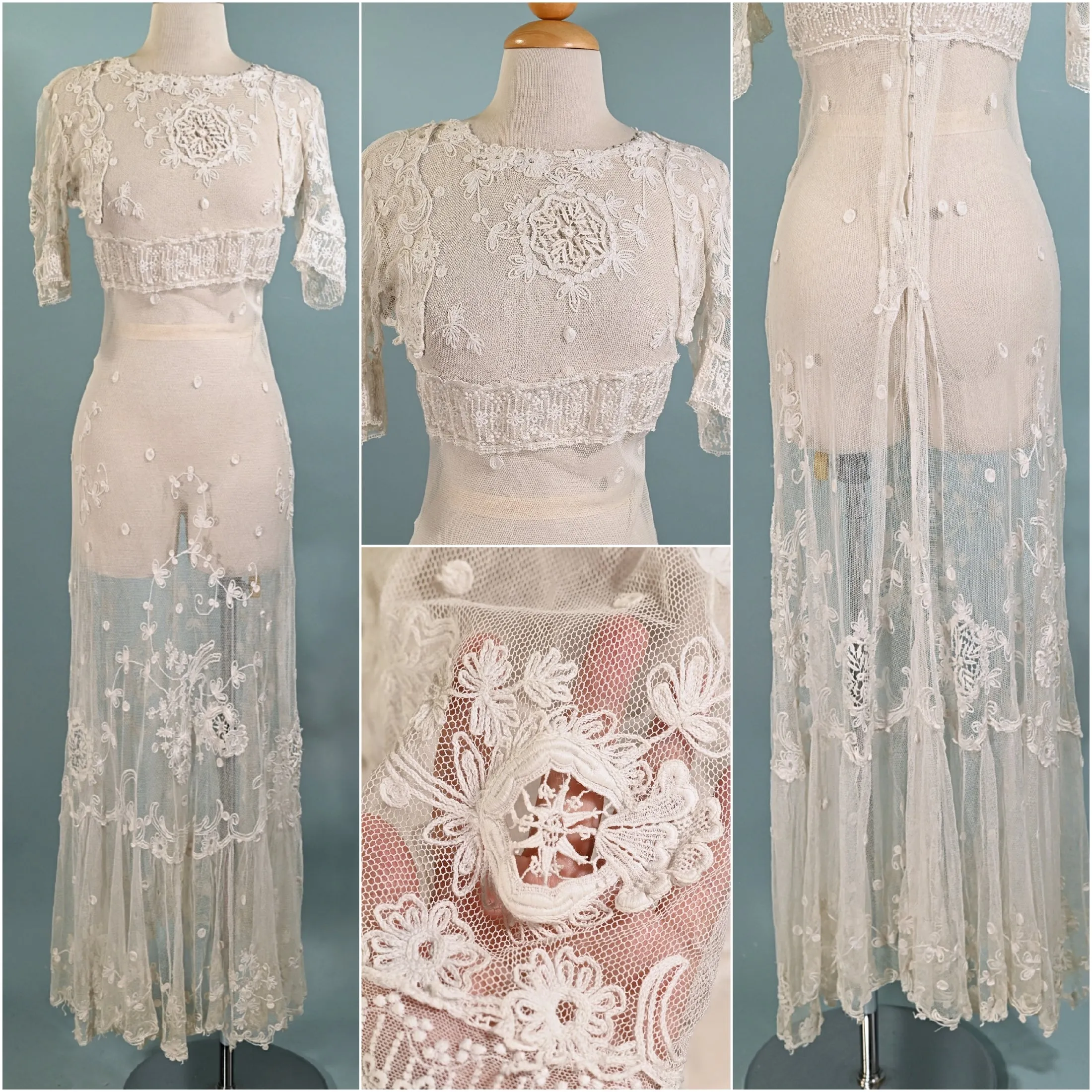SOLD Antique White Net/Embroidered Lace Edwardian/Victorian Dress XS
