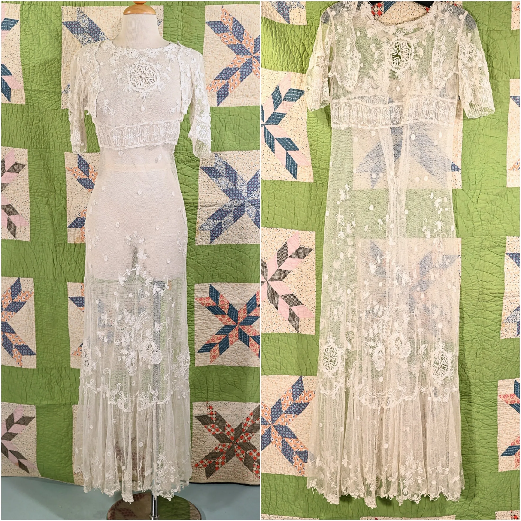 SOLD Antique White Net/Embroidered Lace Edwardian/Victorian Dress XS