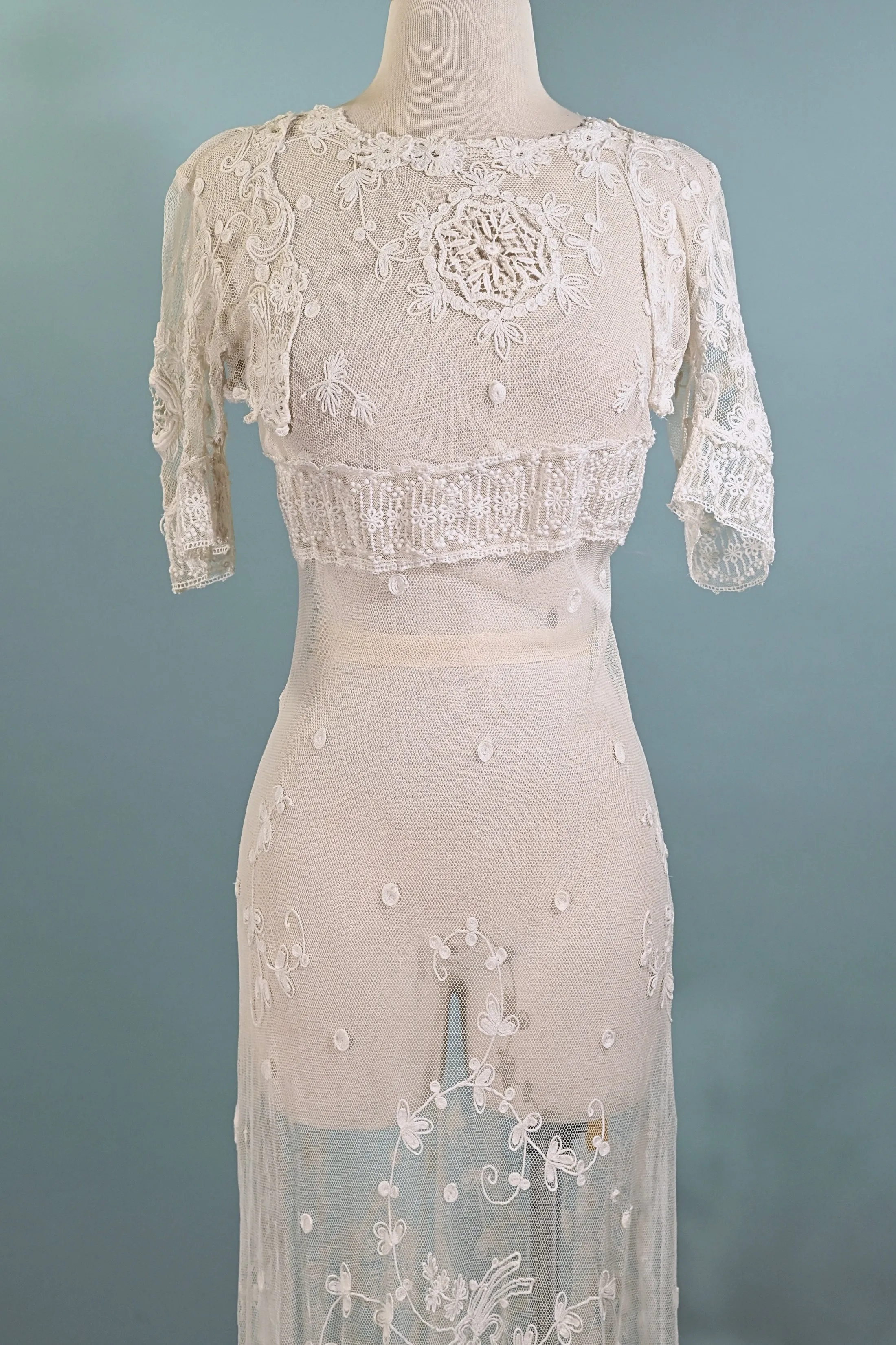 SOLD Antique White Net/Embroidered Lace Edwardian/Victorian Dress XS