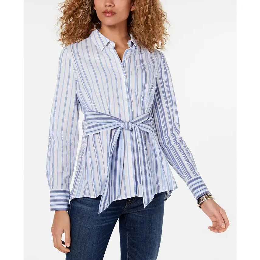 TOMMY HILFIGER Women's Bologna Blanket Blue-Stripe Tie-Waist Button-Down Tunic