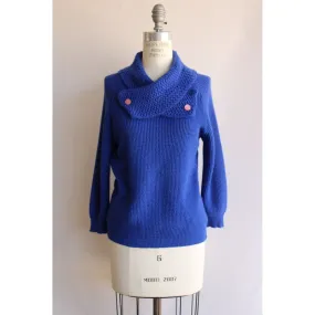 Vintage 1970s 1980s Blue Sweater with Shawl Type Collar
