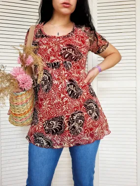 Vintage Y2K 00s red floral mesh tunic top