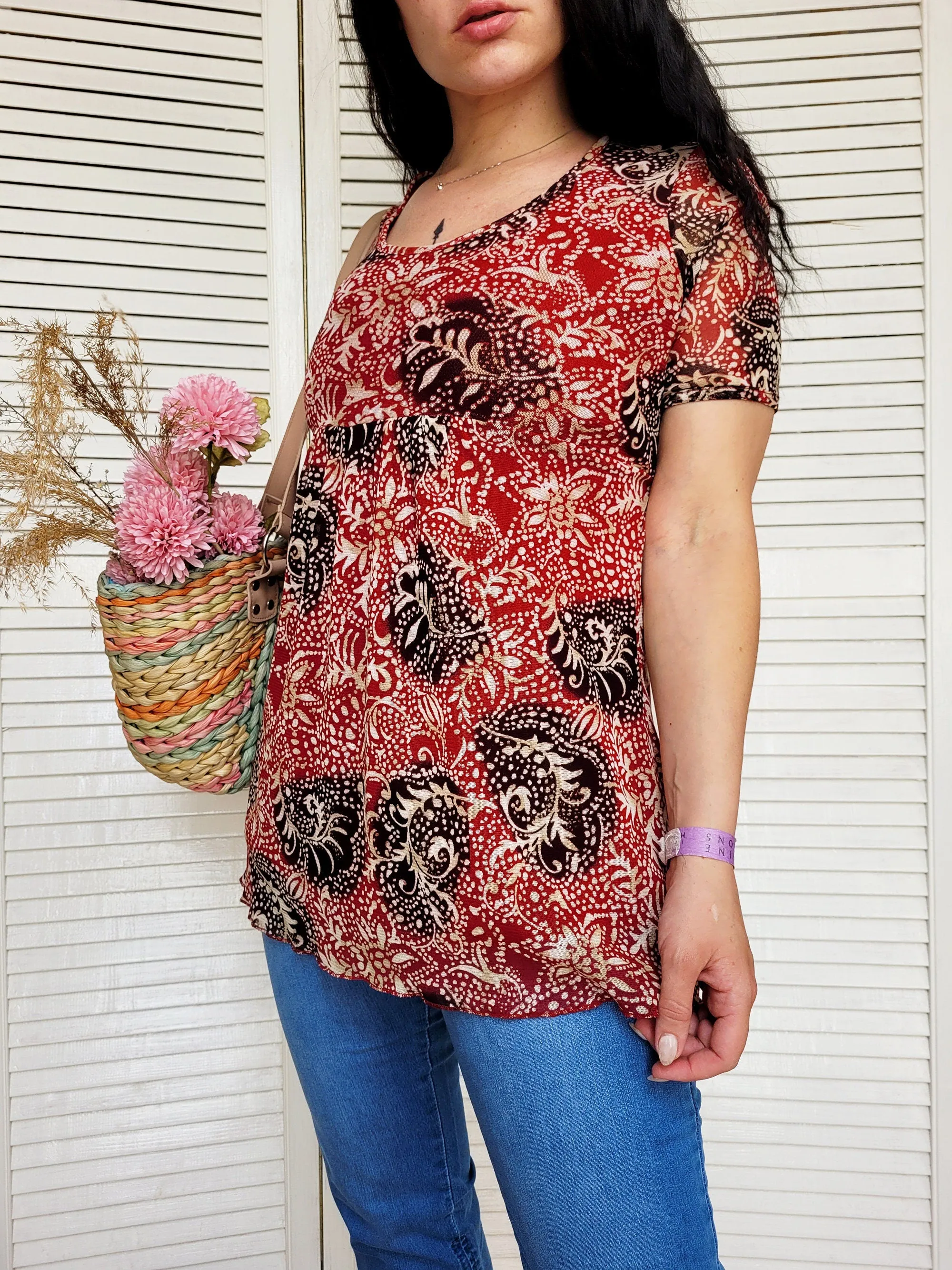 Vintage Y2K 00s red floral mesh tunic top