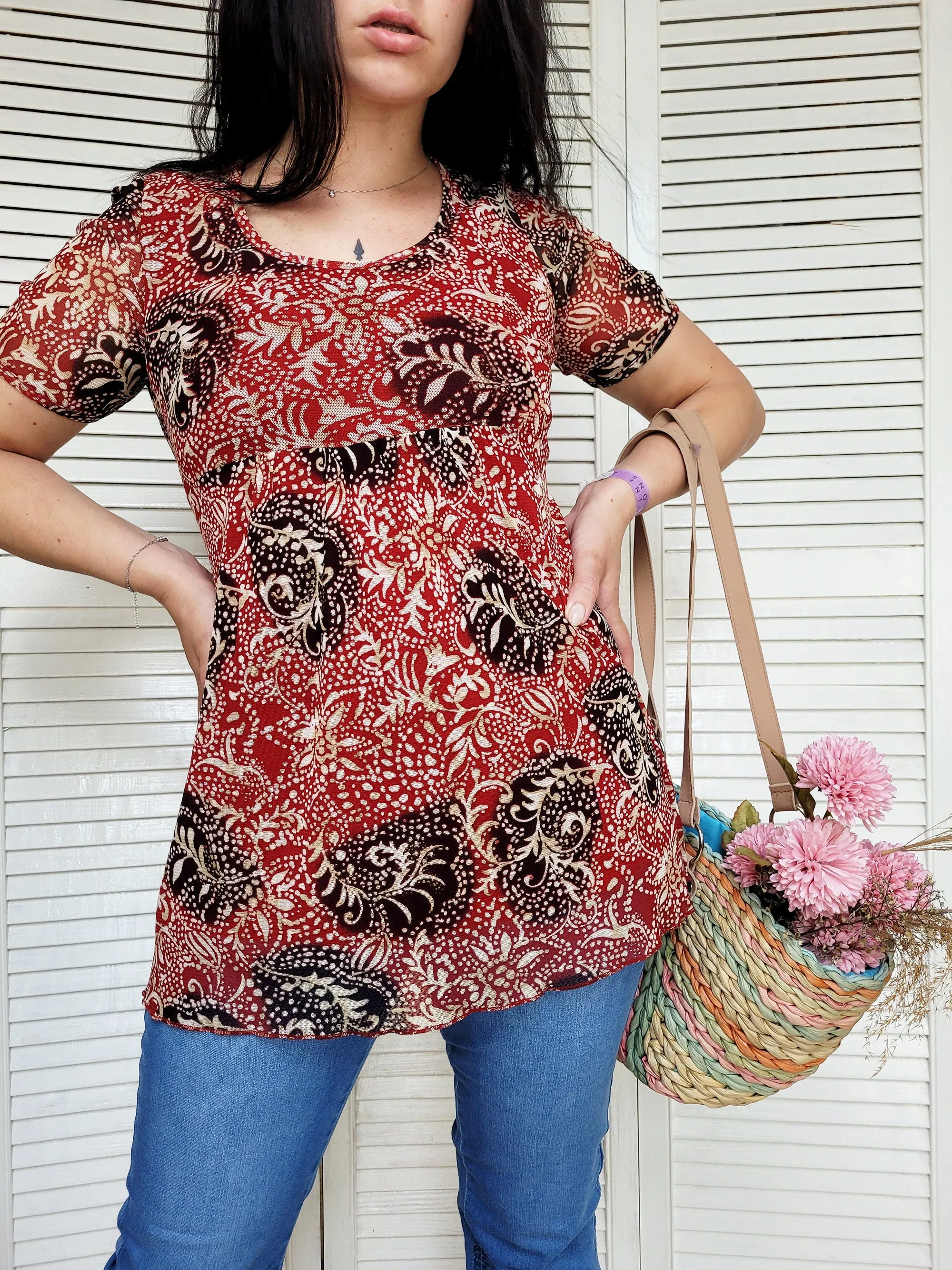 Vintage Y2K 00s red floral mesh tunic top