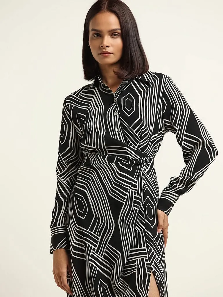 Wardrobe Black Printed Collared Dress