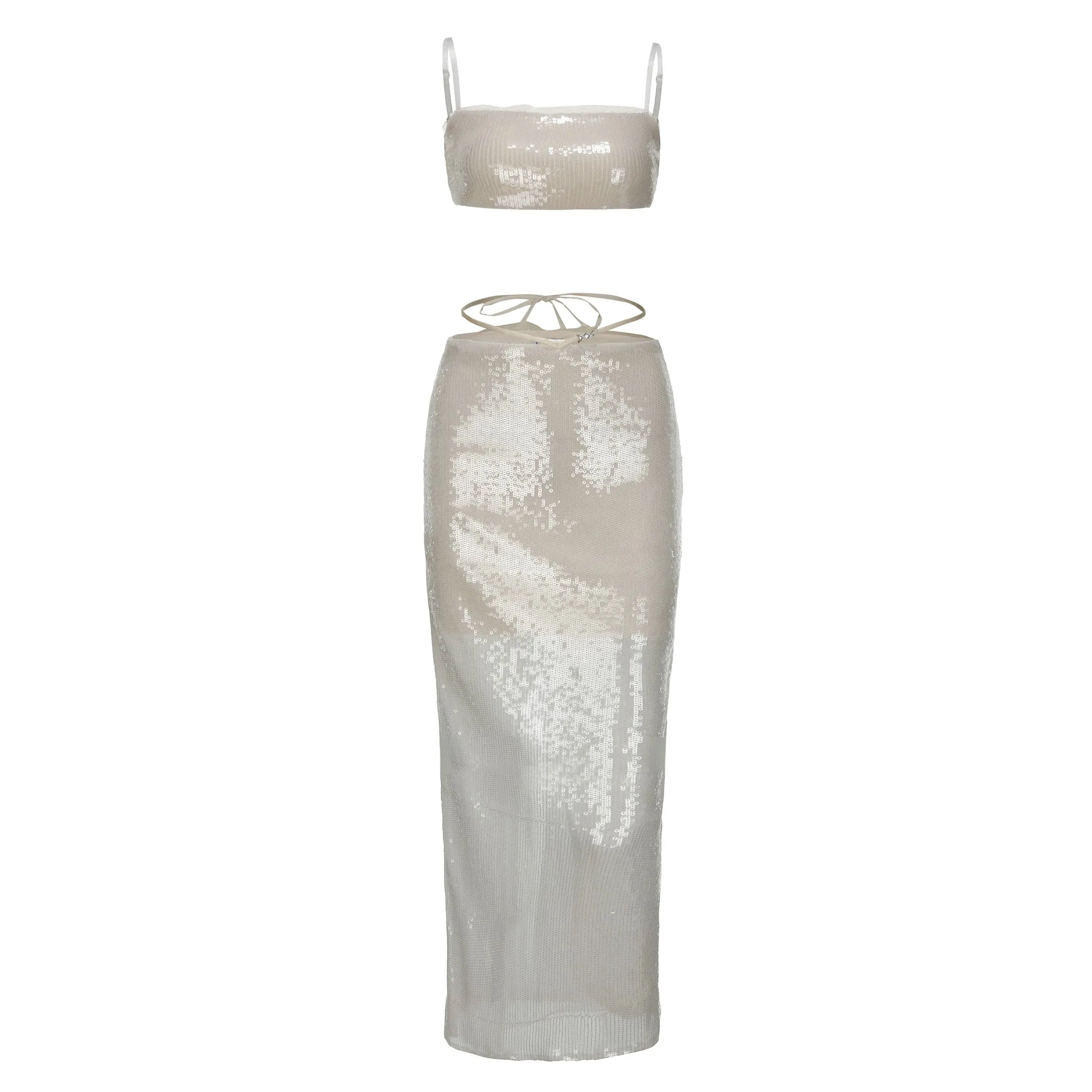 White Sequined Slip Top & Maxi Skirt Set