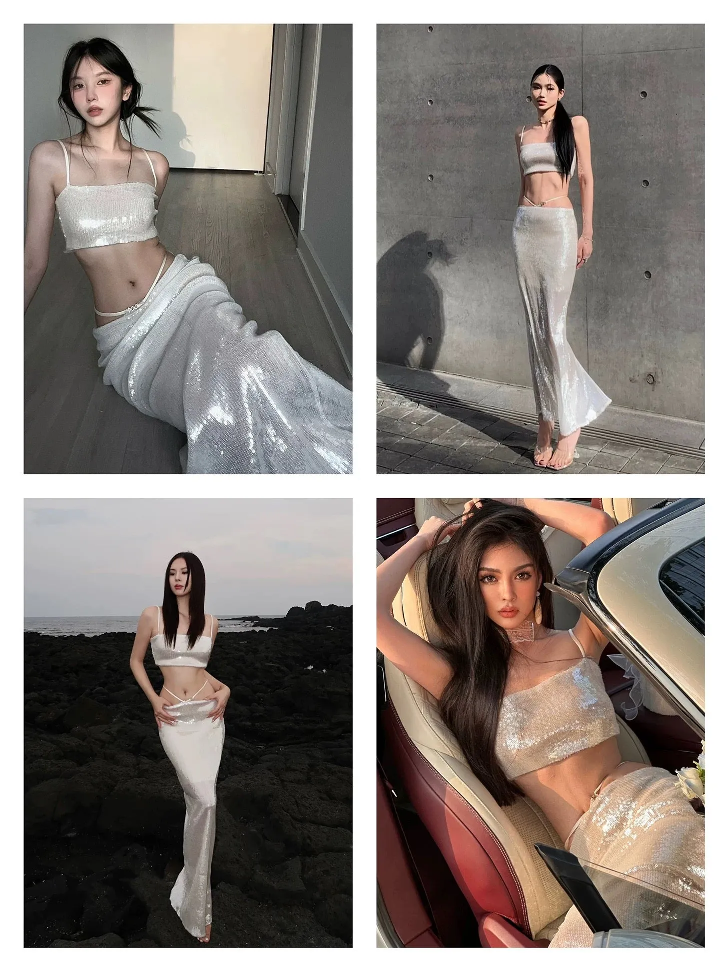 White Sequined Slip Top & Maxi Skirt Set